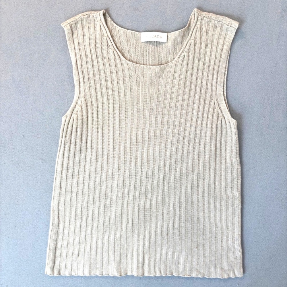 Escada Beige Silk Cashmere Ribbed Knit Sleeveless Scoop Neck Top Size 42
